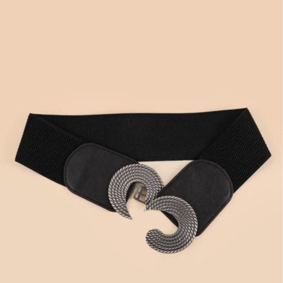 Black Symmetrical Round Buckle Wide Elastic Belt - Picture 2 of 9